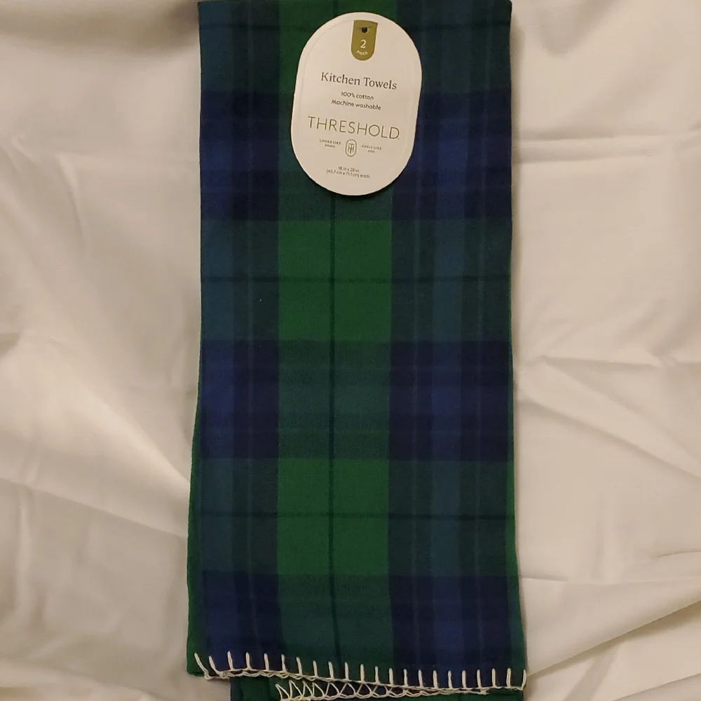 NWT Threshold Kitchen Towels - 100% Cotton - Green; Blue & Green Plaid